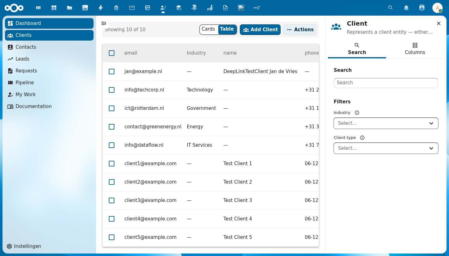 CnDataTable showing sortable columns, checkboxes, and row action buttons